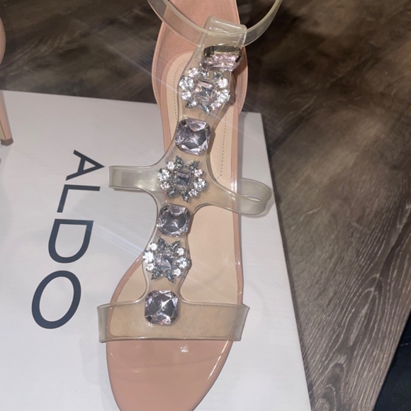 ALDO Montesegale Soft Pink Crystal Clear Strap Open-Toe Pumps Size 8 - Picture 4 of 13